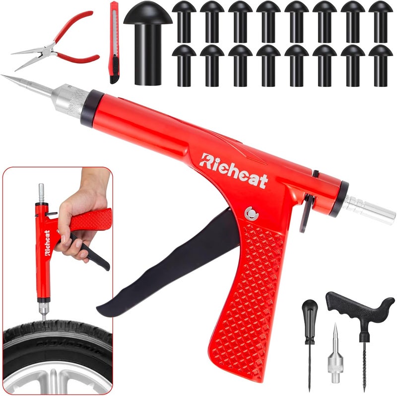 Richcat Tubeless Tire Puncture Repair Kit with Mushroom Plug, Repairs punctures and Flat Tires for Motorcycles, Cars, Trucks, ATVs,Gun Puncture Repair Kit - Image 1